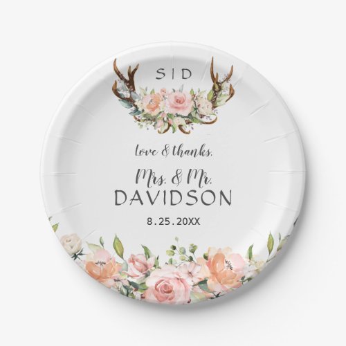 Charm Pink Blush Flowers Antlers Monogram Wedding Paper Plates