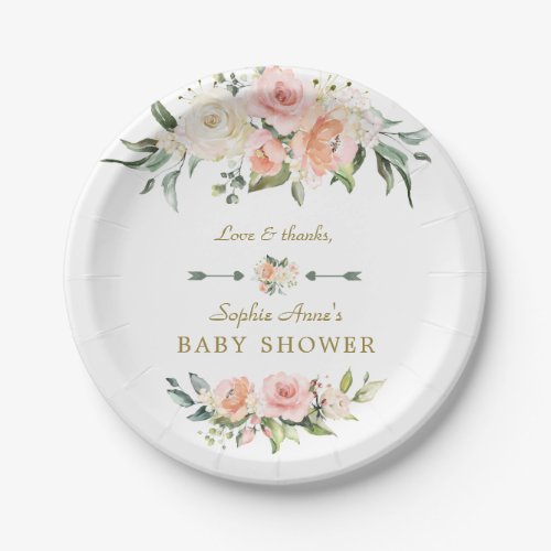 Charm Pink Blush Flowers Frame Baby Shower Paper Plates