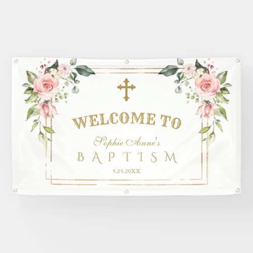 Charm Pink Blush Flowers Gold Baptism Welcome Sign