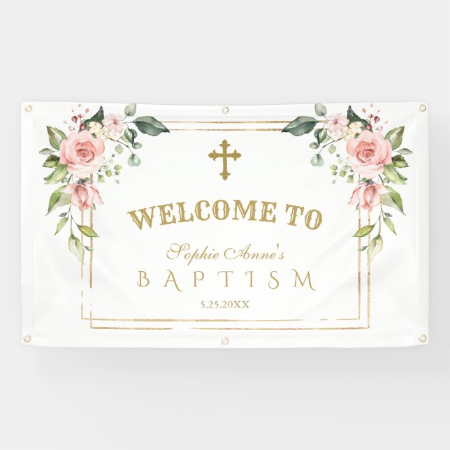 Charm Pink Blush Flowers Gold Baptism Welcome Sign (Horizontal)