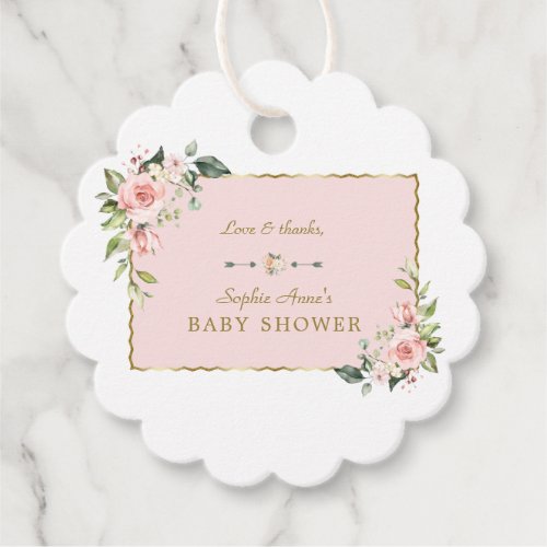 Charm Pink Blush Flowers Gold Frame Baby Shower Favor Tags