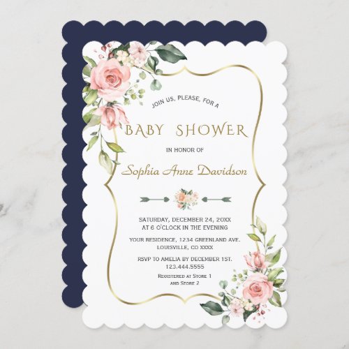 Charm Pink Blush Flowers Gold Frame Baby Shower Invitation