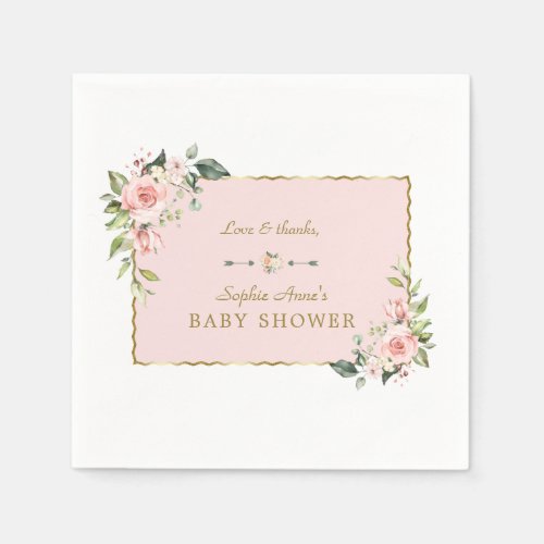 Charm Pink Blush Flowers Gold Frame Baby Shower Napkins