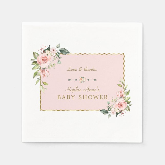 Charm Pink Blush Flowers Gold Frame Baby Shower Napkins (Front)