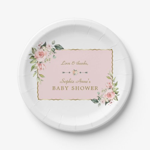Charm Pink Blush Flowers Gold Frame Baby Shower Paper Plates
