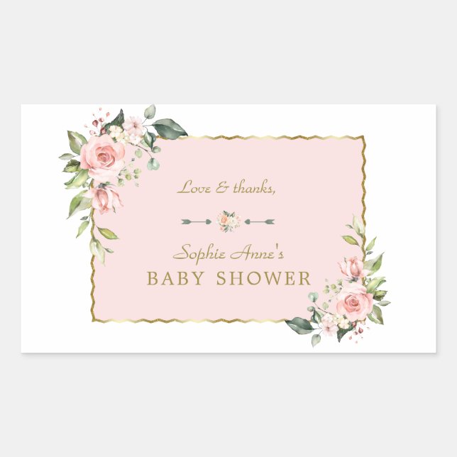 Charm Pink Blush Flowers Gold Frame Baby Shower Rectangular Sticker (Front)