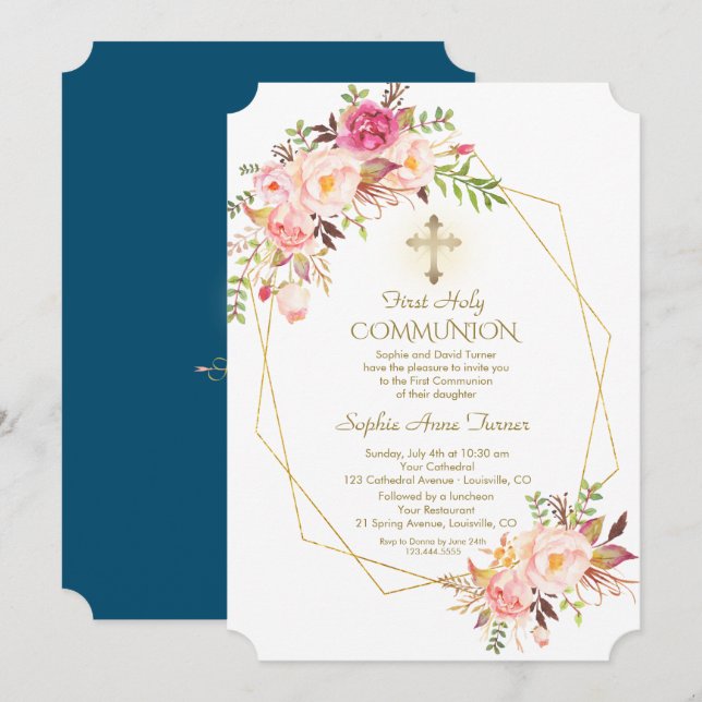 Charm Pink Blush Flowers Gold Frame Holy Communion Invitation (Front/Back)