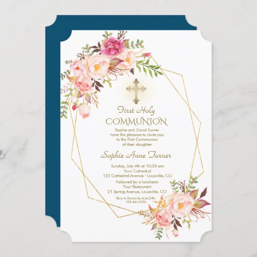 Charm Pink Blush Flowers Gold Frame Holy Communion Invitation
