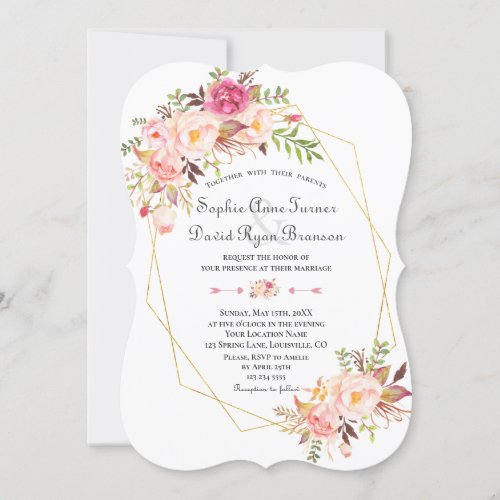 Charm Pink Blush Flowers Gold Frame Wedding Invitation