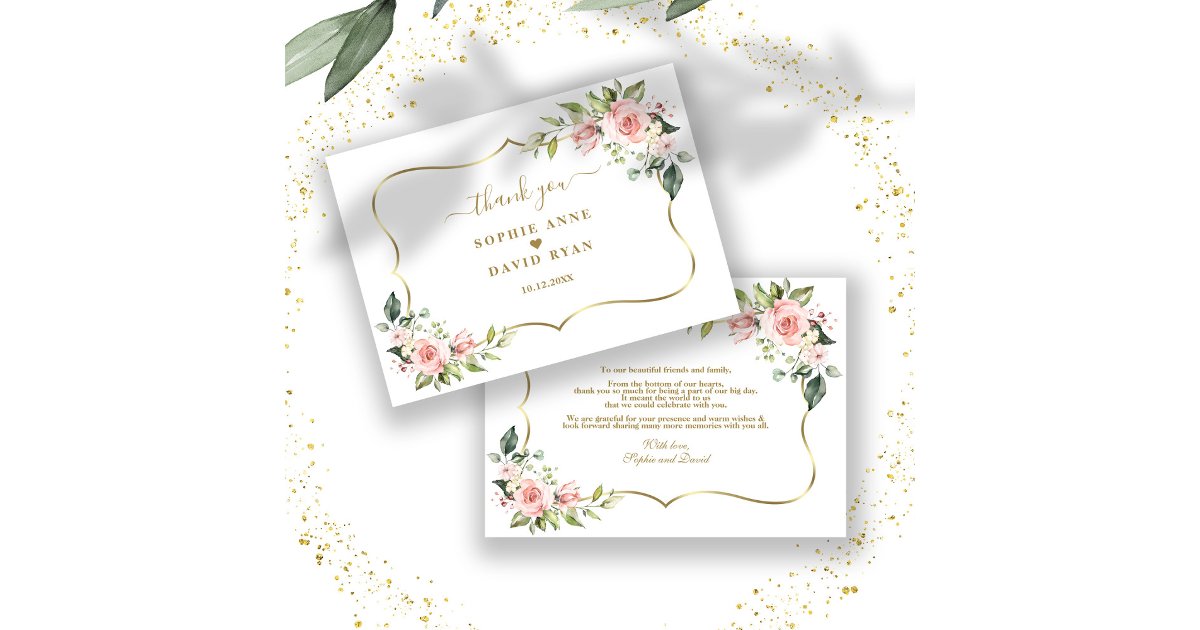 Charm Pink Blush Flowers Gold Frame Wedding Thank You Card | Zazzle
