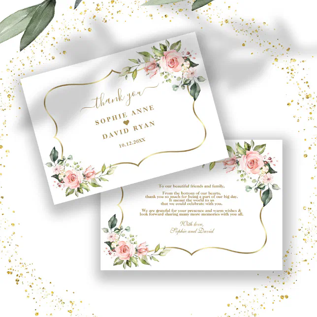 Charm Pink Blush Flowers Gold Frame Wedding Thank You Card | Zazzle