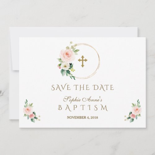 Charm Pink Blush Flowers Gold Girl Baptism Save The Date