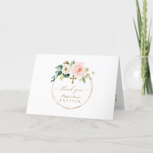 Charm Pink Blush Flowers Gold Photo Girl Baptism Thank You Card