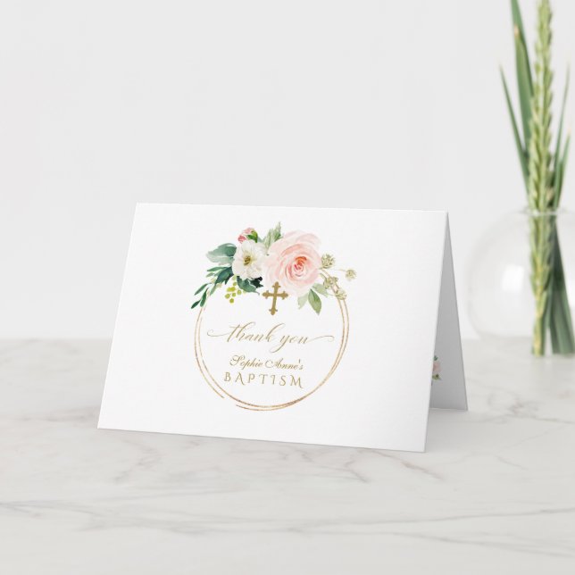 Charm Pink Blush Flowers Gold Photo Girl Baptism Thank You Card (Front)