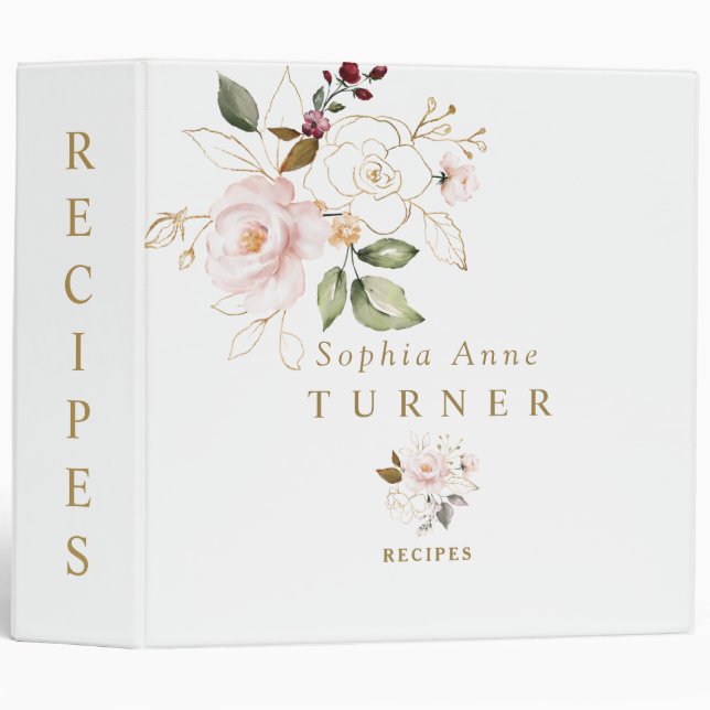Charm Pink Blush Gold Floral Monogram Recipes 3 Ring Binder (Front/Spine)