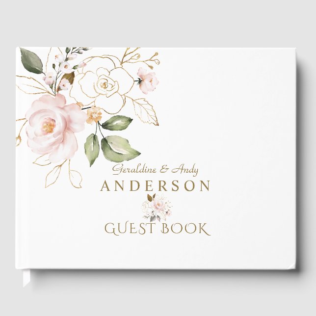 Charm Pink Blush Gold Flowers Monogram Wedding  Guest Book (Front)