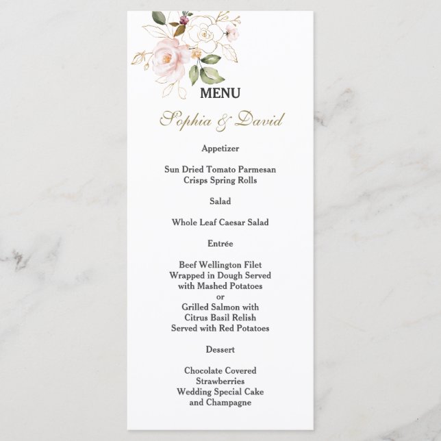 Charm Pink Blush Gold Flowers Monogram Wedding Menu (Front)