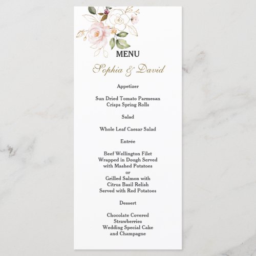 Charm Pink Blush Gold Flowers Monogram Wedding Menu