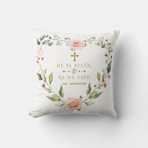 Charm Pink Blush Heart Floral He Is Risen Easter Throw Pillow