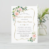 Charm Pink Blush Ivory Floral Gold Frame Sweet 16 Invitation (Standing Front)