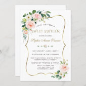 Charm Pink Blush Ivory Floral Gold Frame Sweet 16 Invitation (Front/Back)