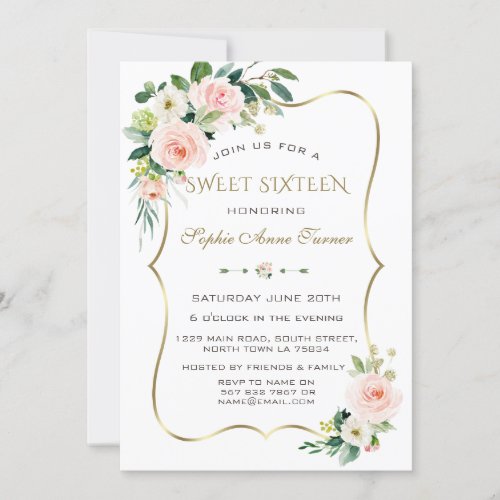 Charm Pink Blush Ivory Floral Gold Frame Sweet 16 Invitation