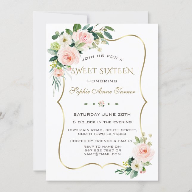 Charm Pink Blush Ivory Floral Gold Frame Sweet 16 Invitation (Front)