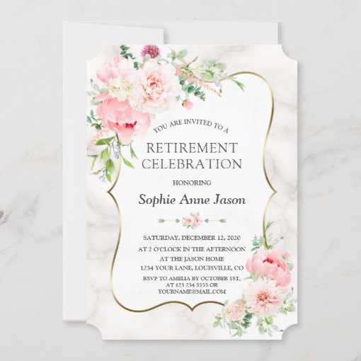 Charm Pink Blush Peonies Gold Retirement Party Invitation | Zazzle