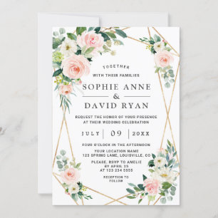 Charm Pink Blush White Flowers Gold Wedding Invitation