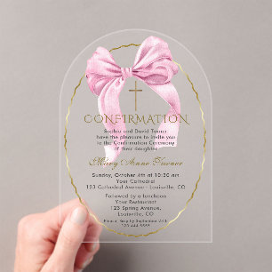 Charm Pink Bow Gold Girl Confirmation Transparent Acrylic Invitations