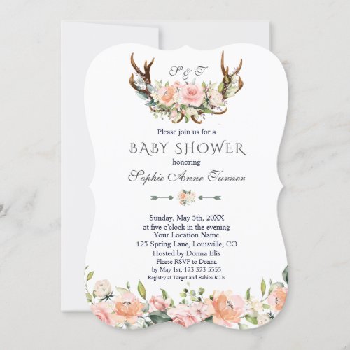Charm Pink Cream Floral Antlers Baby Shower Invitation