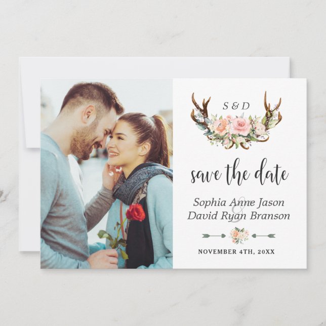 Charm Pink Cream Floral Antlers Photo Wedding Save The Date (Front)