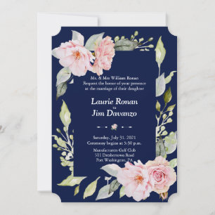 Charm Pink Floral Bloom Navy Blue Wedding Formal Invitation