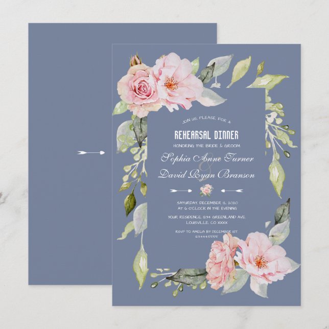 Charm Pink Floral Dusty Blue  Rehearsal Dinner Invitation (Front/Back)