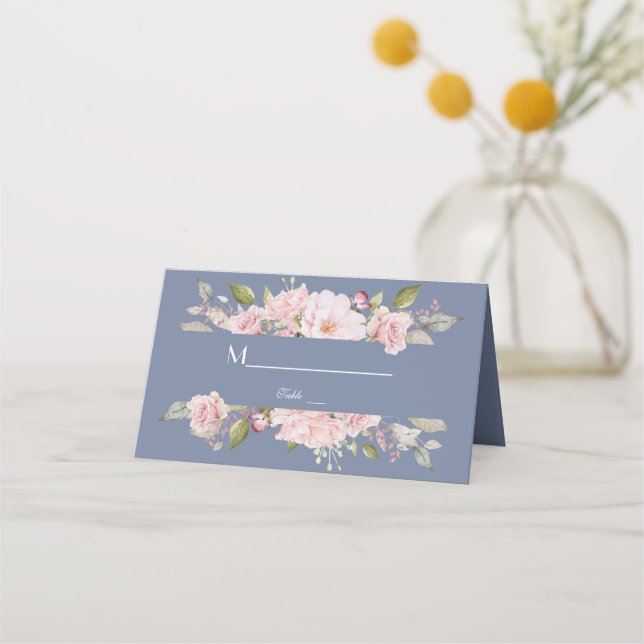 Charm Pink Floral Dusty Blue Wedding Place Card (Back)