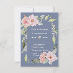 Charm Pink Floral Dusty Blue Wedding RSVP Card