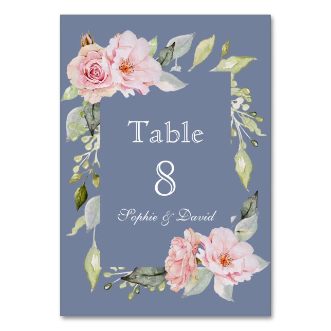 Charm Pink Floral Dusty Blue Wedding Table Number (Front)