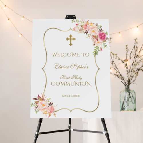 Charm Pink Floral First Holy Communion Welcome Foam Board