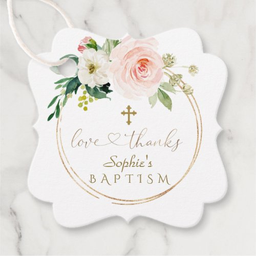  Charm Pink Floral Gold Cross Calligraphy Baptism  Favor Tags