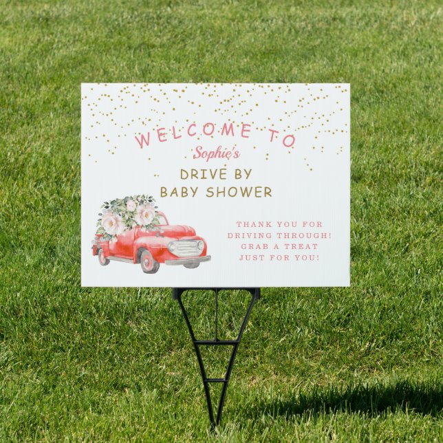 Charm Pink Floral Old Car Baby Shower Drive By Sign (Insitu)