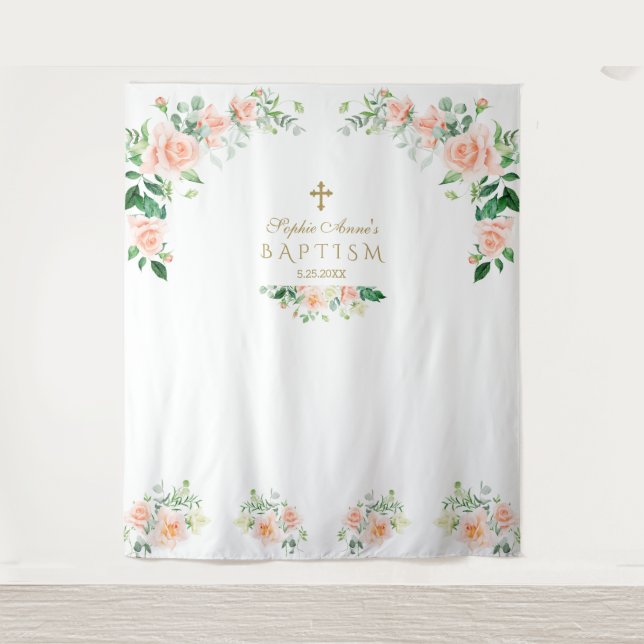 Charm Pink Flowers Baptism Photo Booth Prop Tapestry (Front)