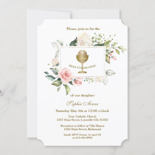 Charm Pink Flowers Frame Girl First Holy Communion Invitation