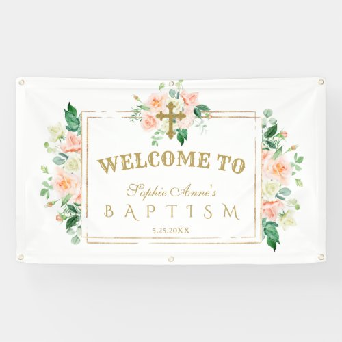 Charm Pink Flowers Gold Baptism Welcome Sign