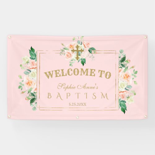 Charm Pink Flowers Gold Baptism Welcome Sign