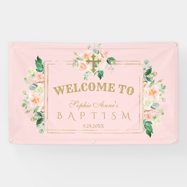 Charm Pink Flowers Gold Baptism Welcome Sign (Horizontal)