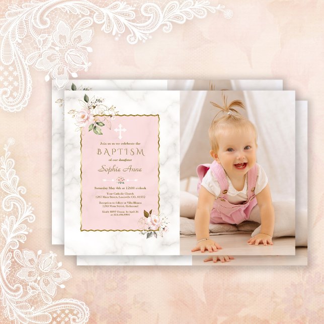 Charm Pink Flowers Gold Girl Photo Baptism Invitation (Creator Uploaded)