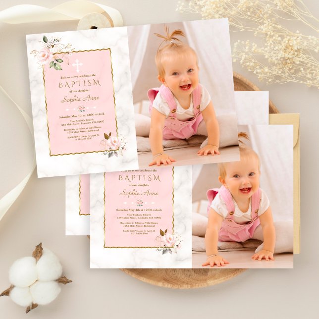 Charm Pink Flowers Gold Girl Photo Baptism Invitation (Creator Uploaded)