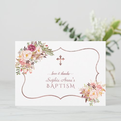 Charm Pink Flowers Rose Gold Cross Baptism  Thank You Card