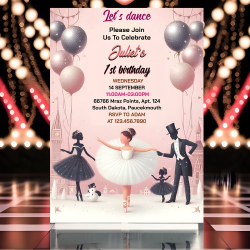 charm pink Tutu chic girls Ballerina 1st birthday Invitation