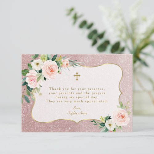 Charm Pink White Floral Rose Gold Glitter Baptism  Thank You Card